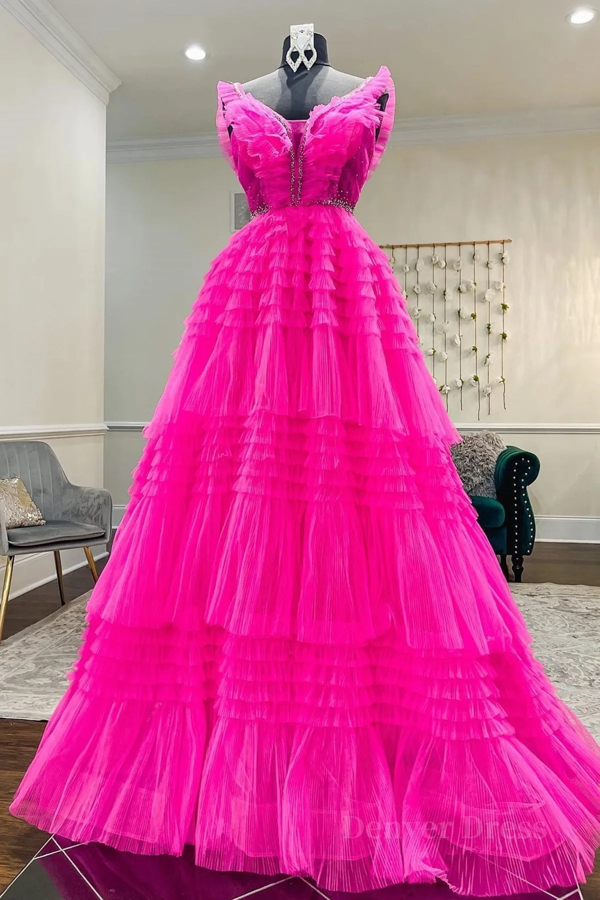 kamahe Hot Pink Tulle Long Prom Dresses, Hot Pink Long Formal Graduation Dresses