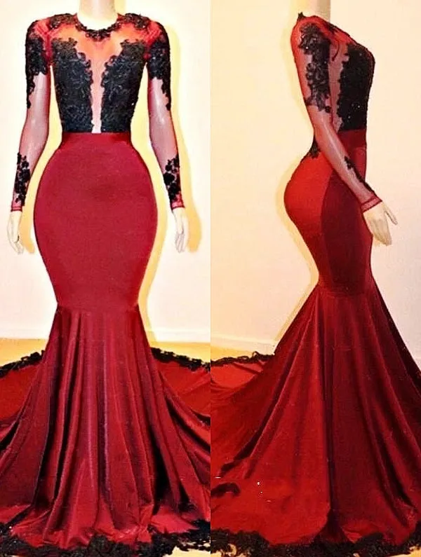 kamahe Long Sleevess Mermaid Appliques Sheer Prom Dresses