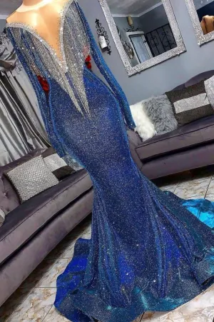 kamahe Luxurious Sequins Long Sleevess Mermaid Sheer Neckline Prom Dresses