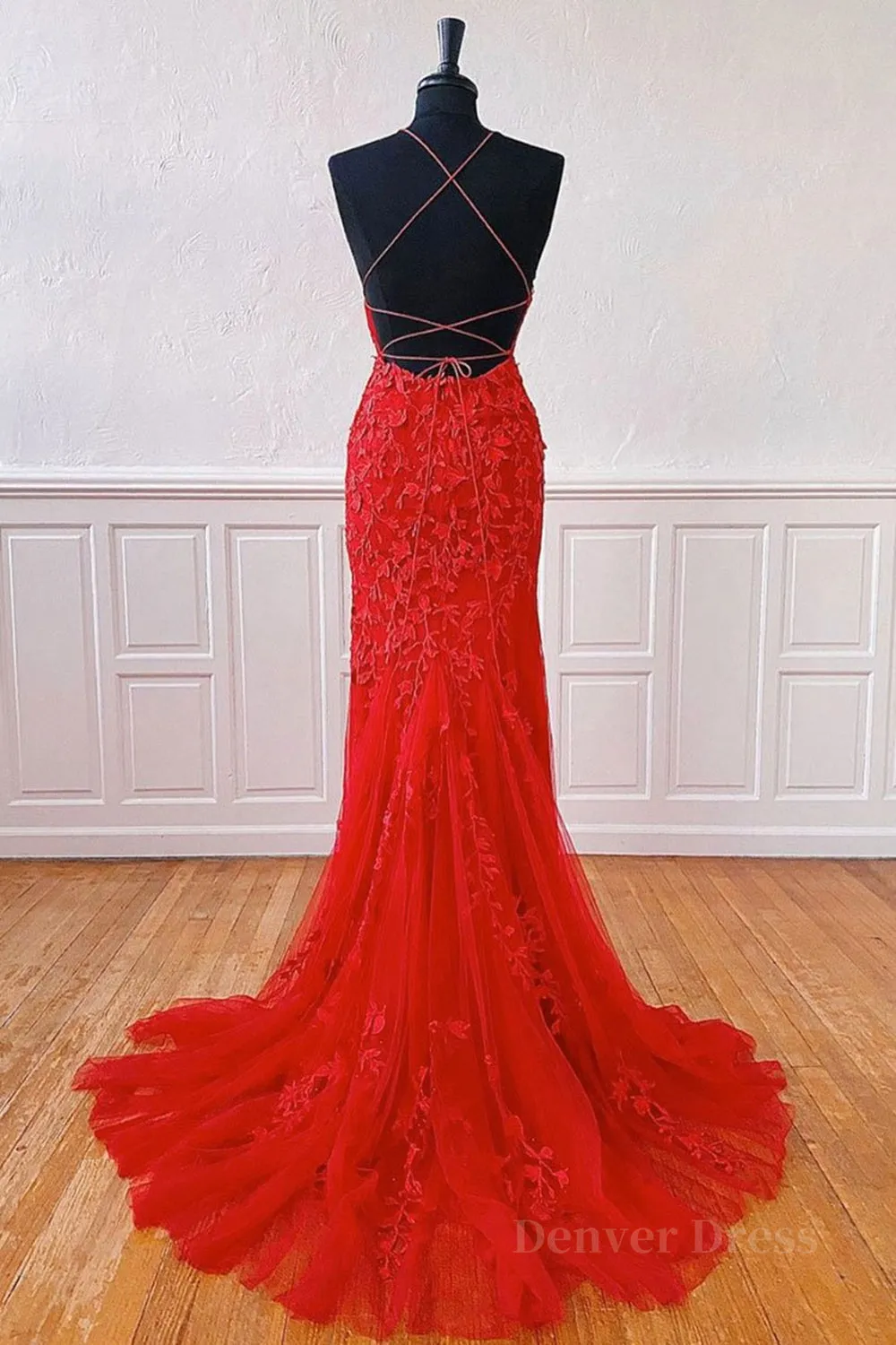 kamahe Mermaid Backless Red Lace Long Prom Dresses, Mermaid Red Formal Dresses, Red Lace Evening Dresses