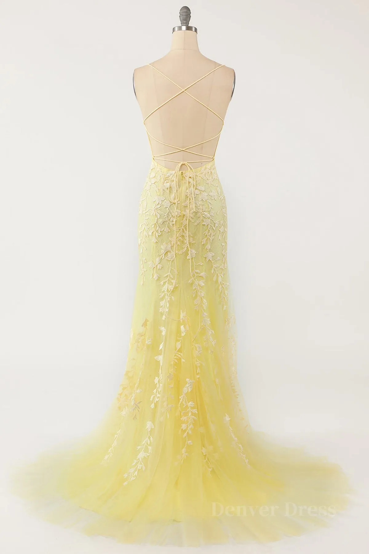 kamahe Mermaid Backless Yellow Lace Long Prom Dresses, Mermaid Yellow Formal Dresses, Yellow Lace Evening Dresses