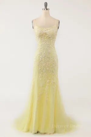 kamahe Mermaid Backless Yellow Lace Long Prom Dresses, Mermaid Yellow Formal Dresses, Yellow Lace Evening Dresses