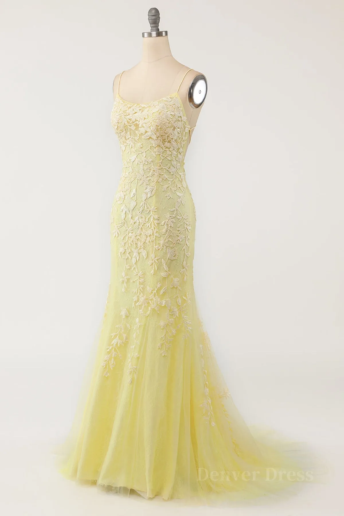 kamahe Mermaid Backless Yellow Lace Long Prom Dresses, Mermaid Yellow Formal Dresses, Yellow Lace Evening Dresses