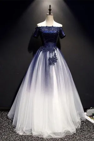 kamahe Modest Royal Blue Long Flowy Evening Prom Dresses With Lace Appliques