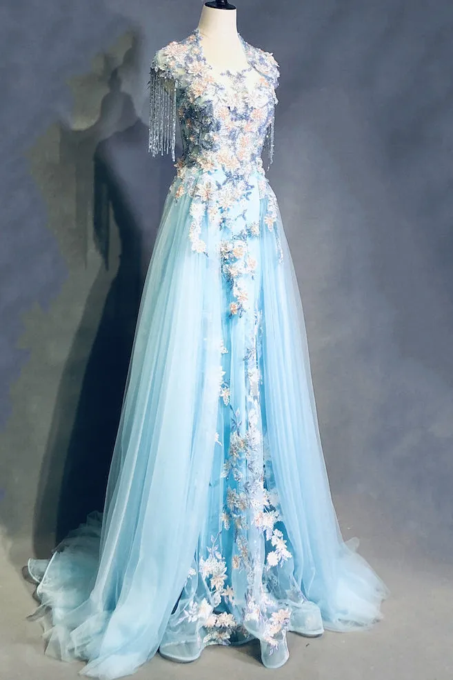 kamahe Modest Square Neckline Beading Appliques Sky Blue Long Prom Dresses Pageant Gown