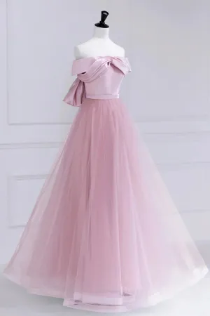 kamahe Off the Shoulder Pink Prom Dresses, Pink Tulle Formal Evening Dresses