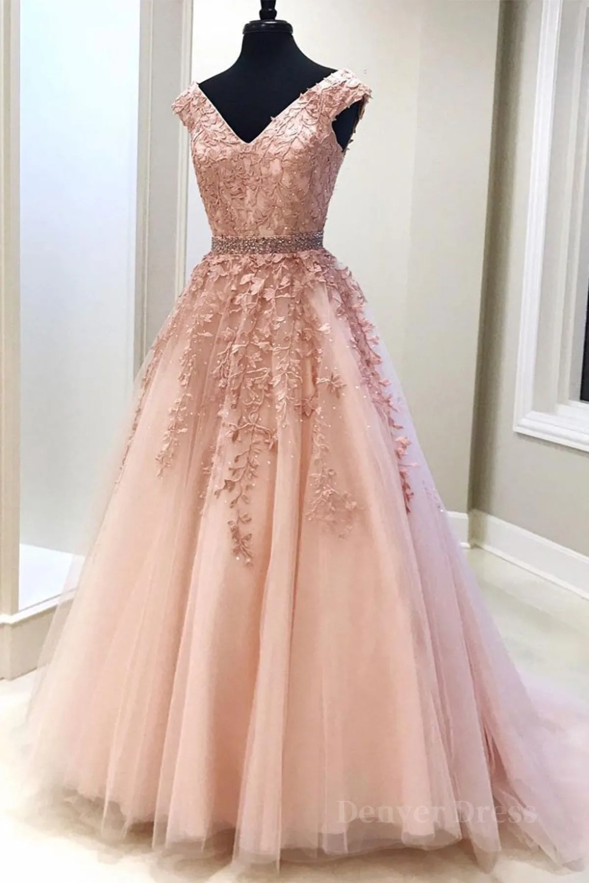 kamahe Pink V Neck Long Lace Prom Dresses, Pink V Neck Long Lace Formal Evening Dresses