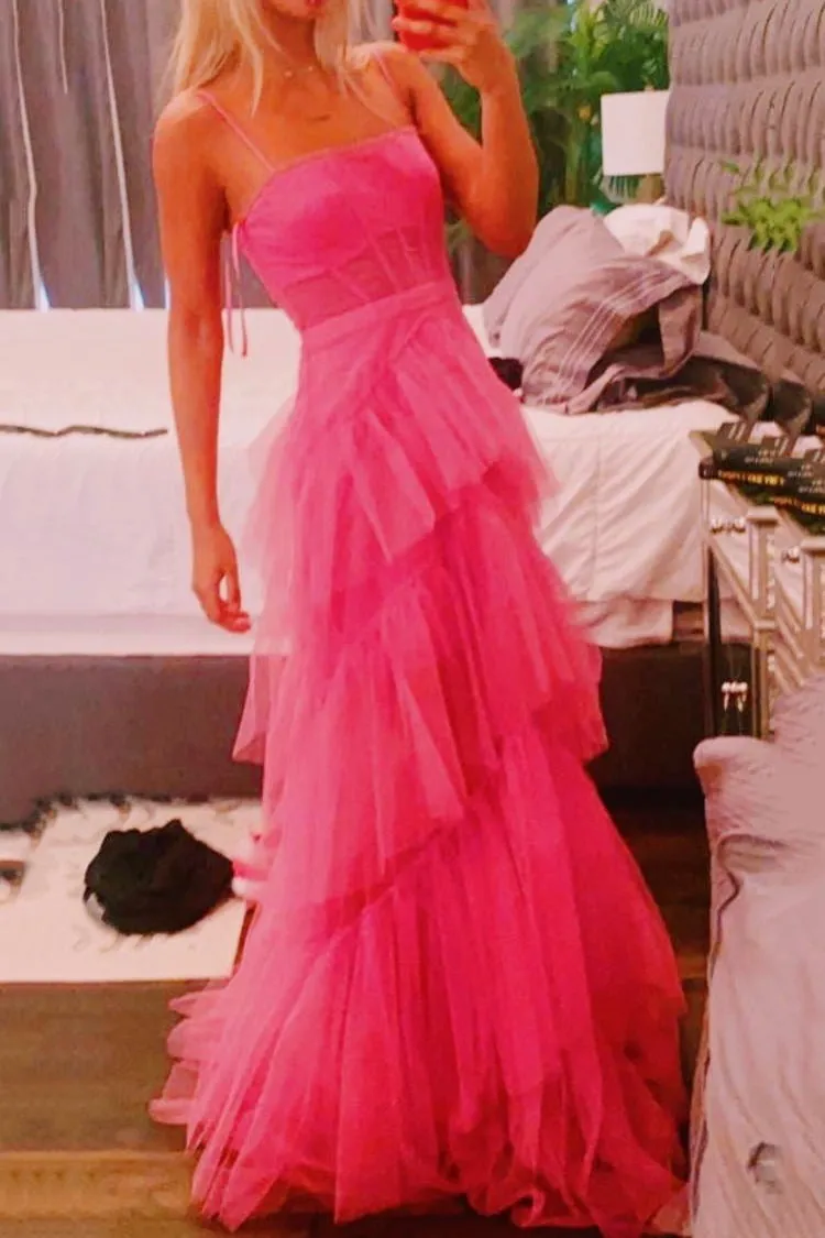 kamahe Princess Hot Pink Long Prom Dress, Layered Tulle Sleeveless Corset Gown, Evening Dresses