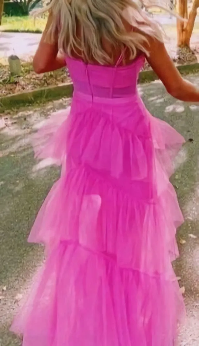 kamahe Princess Hot Pink Long Prom Dress, Layered Tulle Sleeveless Corset Gown, Evening Dresses