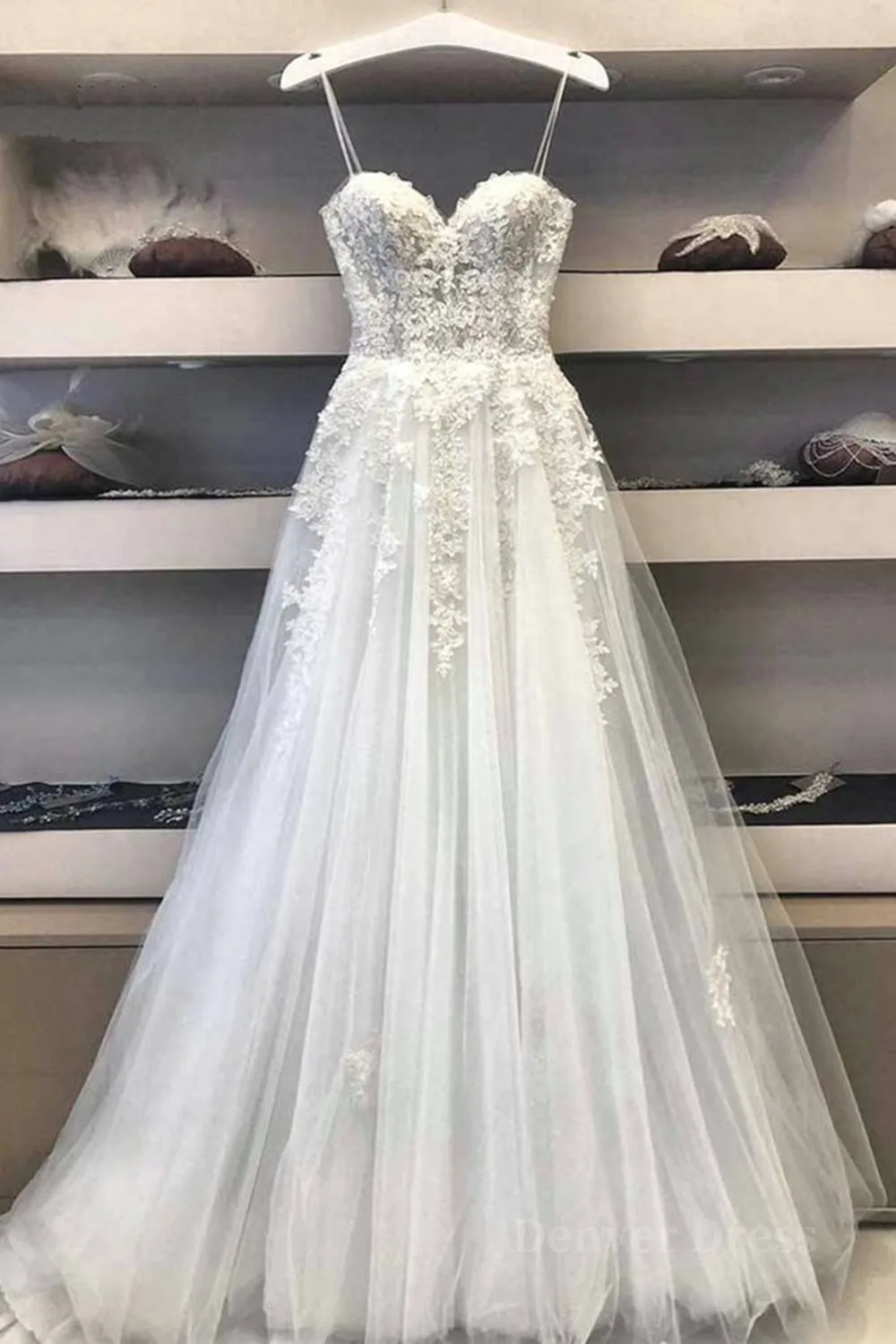 kamahe Princess Sweetheart Neck White Lace Prom Wedding Dresses, Ivory Lace Formal Dresses, White Evening Dresses