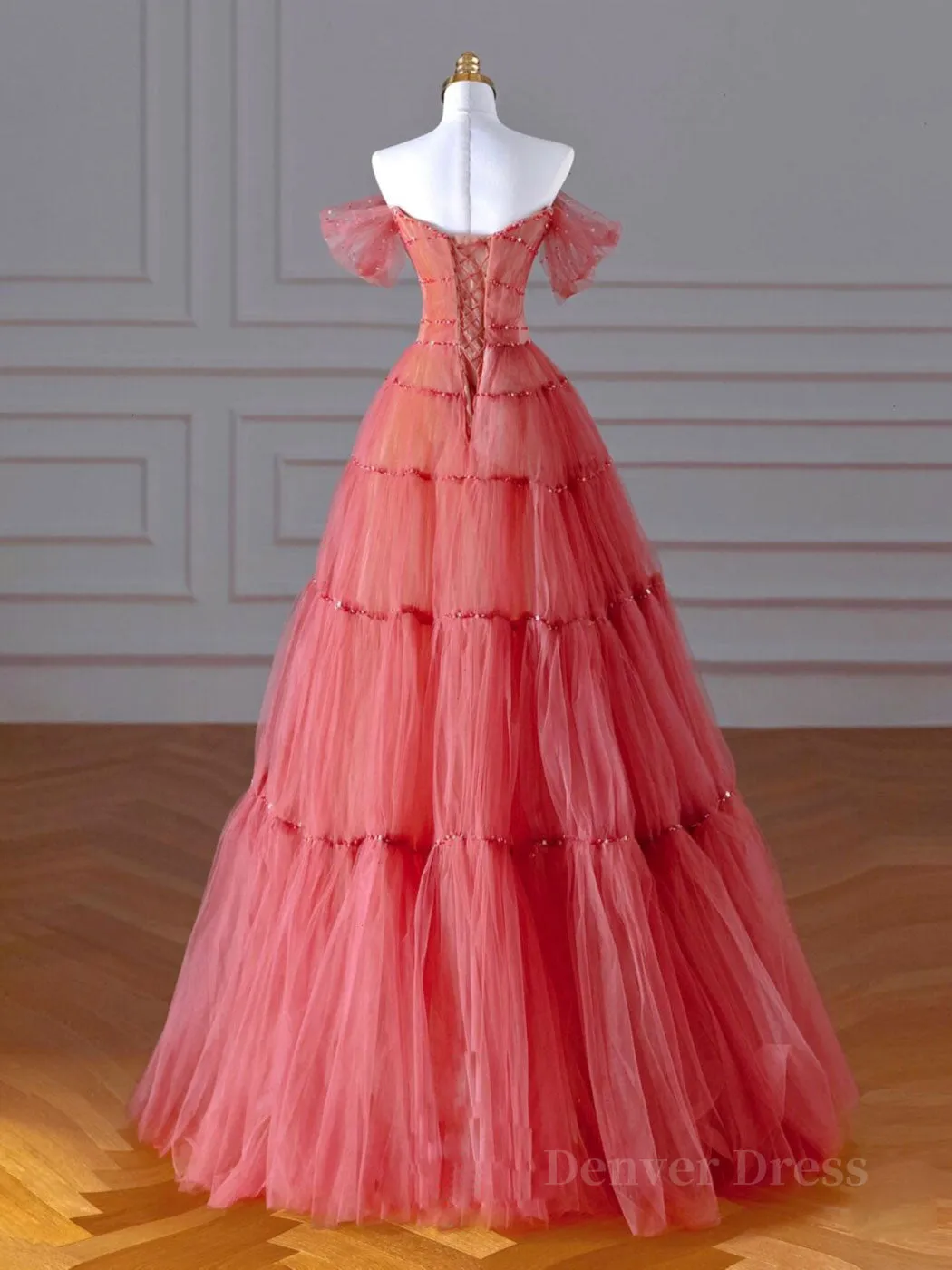 kamahe Red Aline Tulle Long Prom Dresses, Red Tulle Formal Graduation Dresses With Beading Sequin