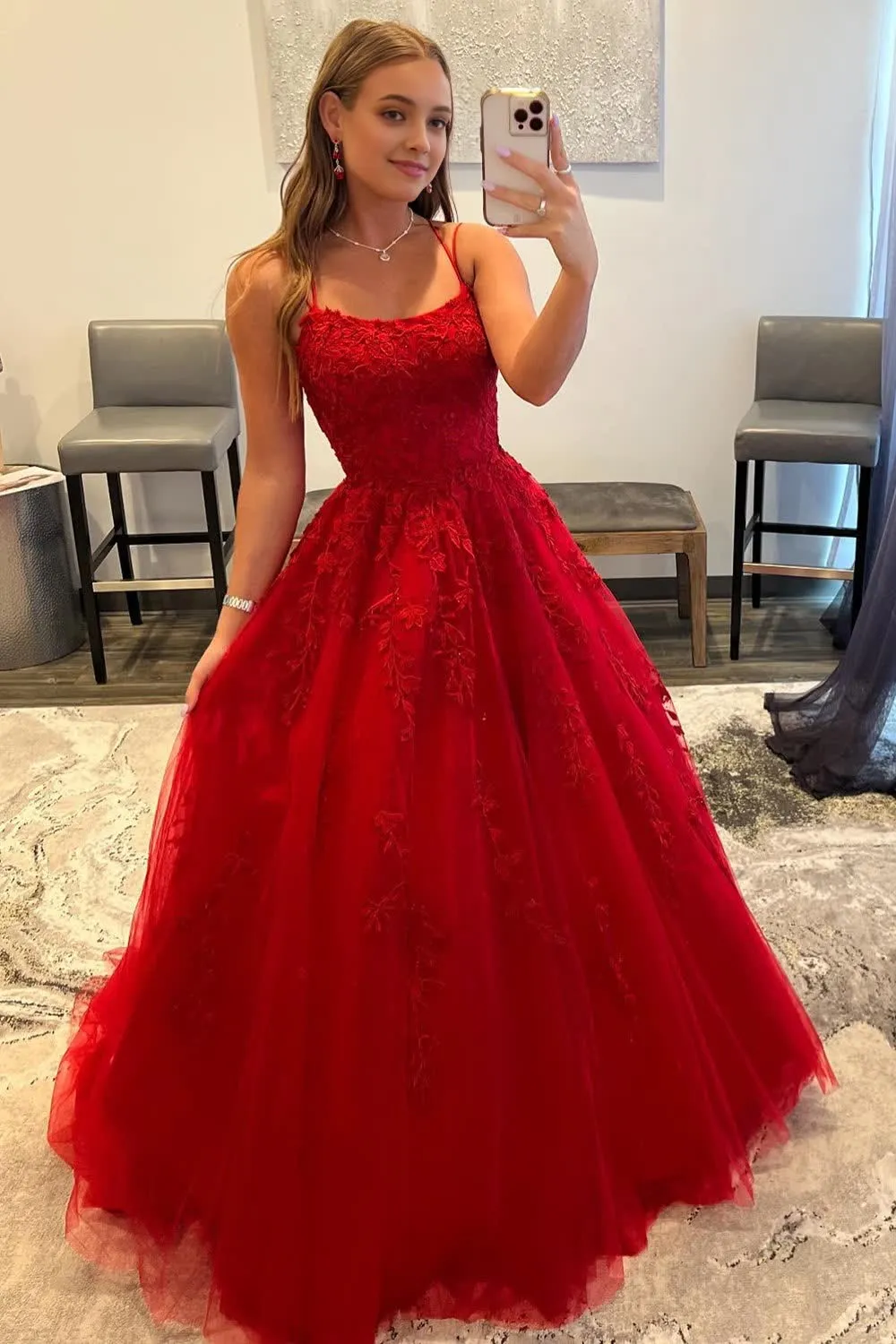 kamahe Red Spaghetti Straps Long Prom Dress With Appliques Party Dresses