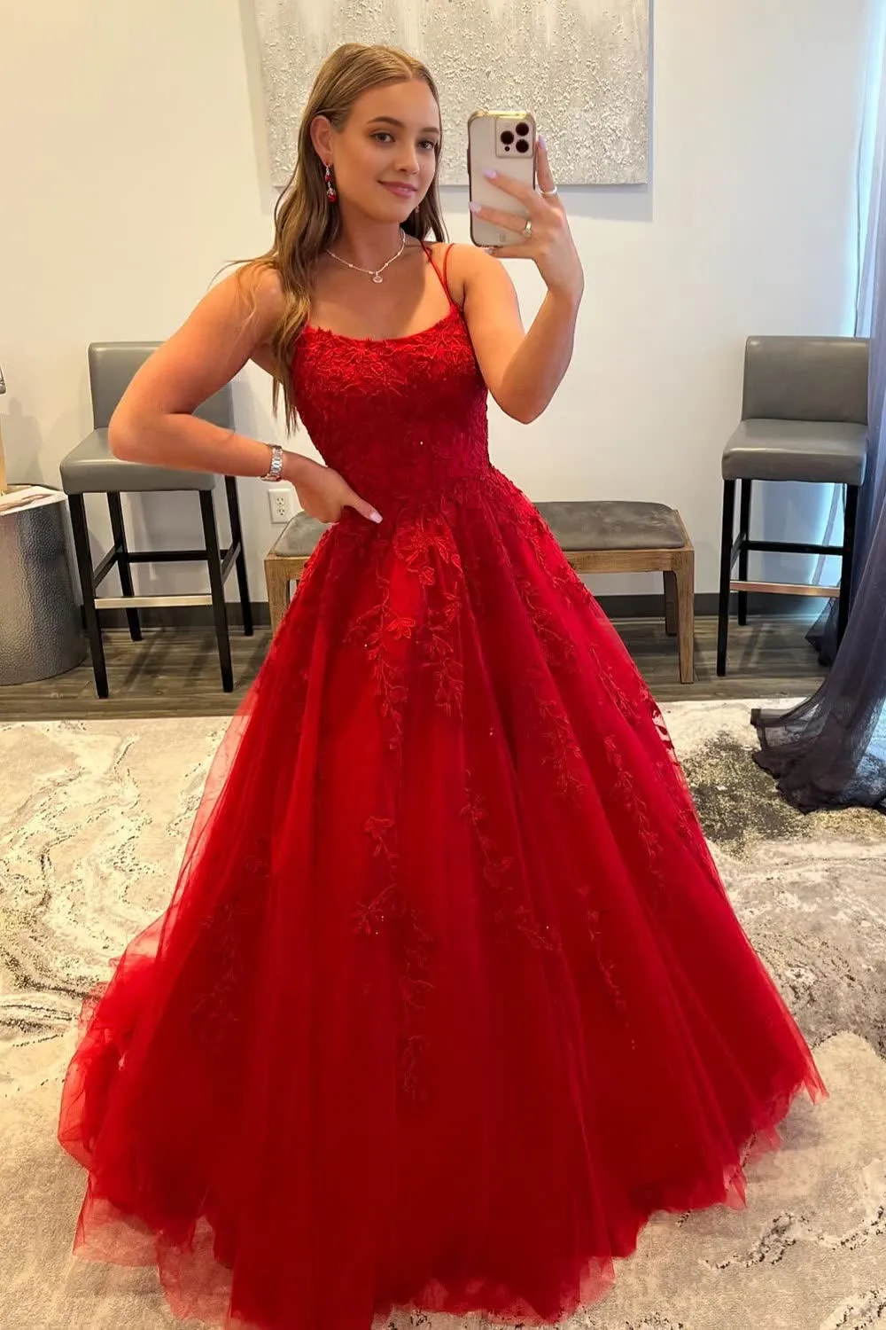 kamahe Red Spaghetti Straps Long Prom Dress With Appliques Party Dresses