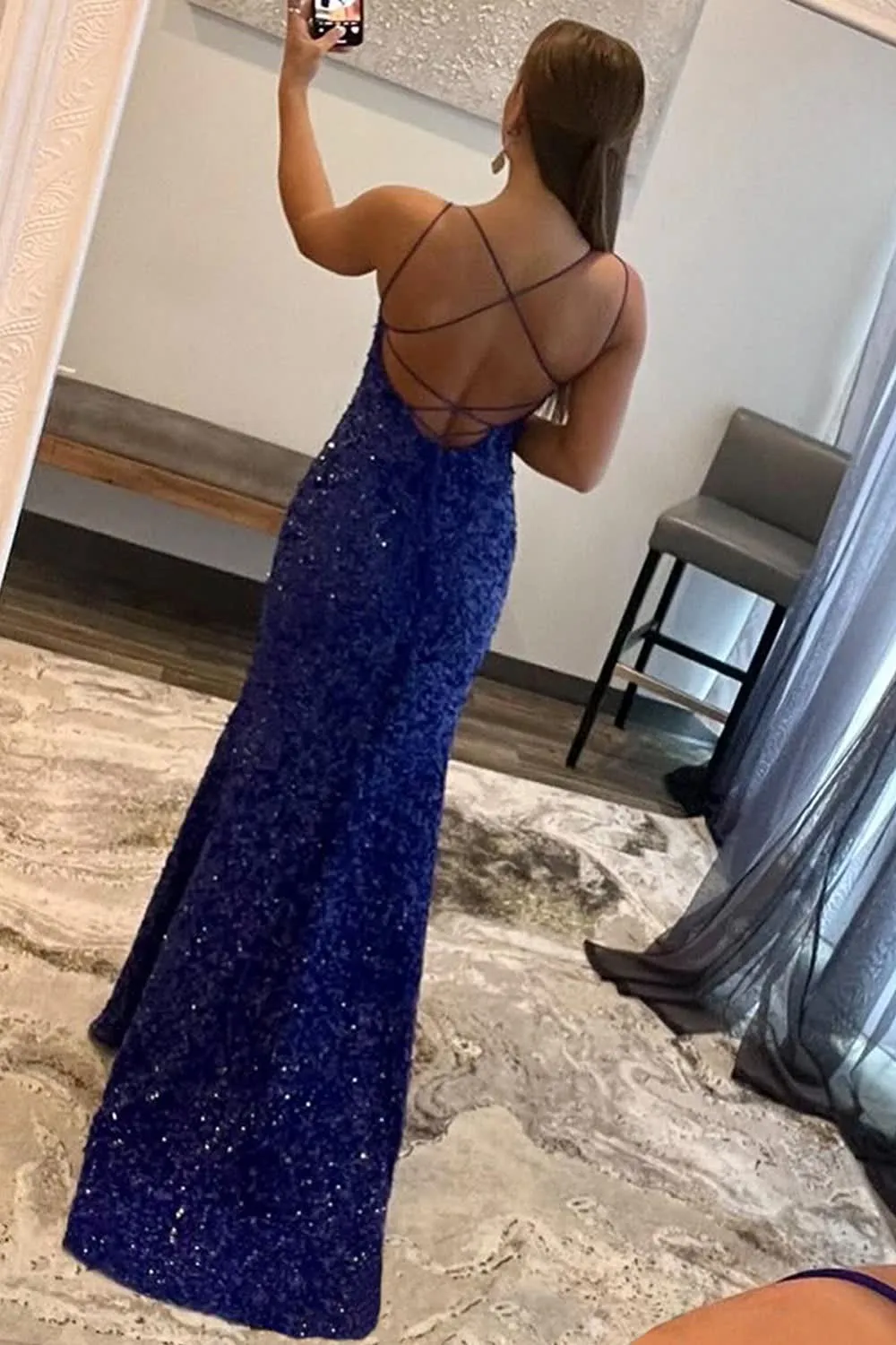 kamahe Sheath Spaghetti Straps Royal Blue Sequins Long Prom Dress with Split Front Evening Dresses