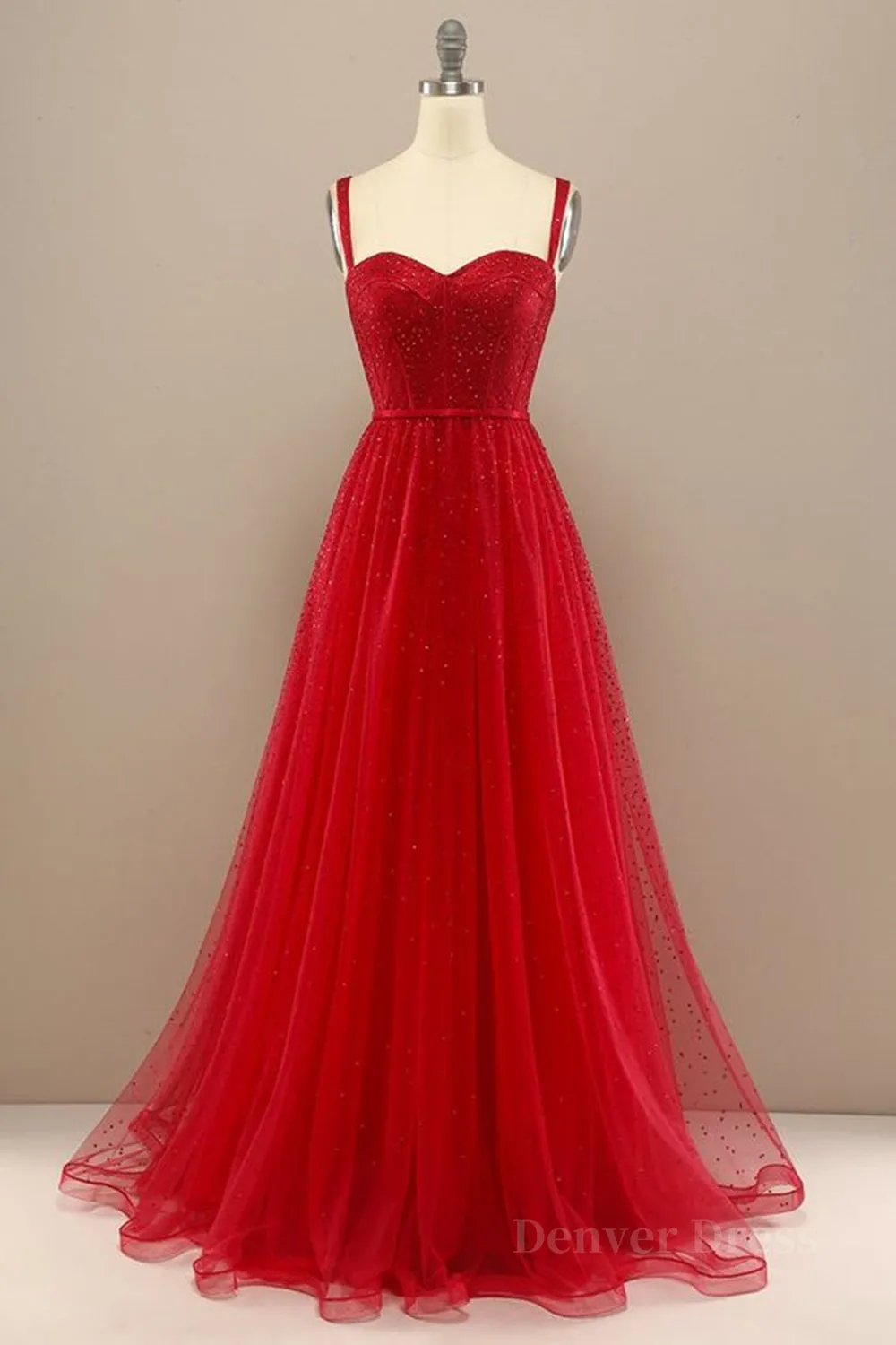 kamahe Shiny Sweetheart Neck Red Tulle Beaded Long Prom Dresses, Open Back Red Tulle Formal Graduation Evening Dresses