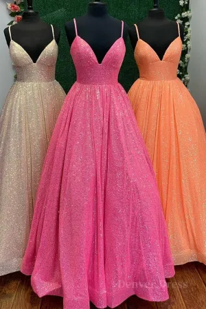 kamahe Shiny Tulle V Neck Backless Hot Pink/Orange/Champagne Long Prom Dresses, Backless Hot Pink/Orange/Champagne Formal Graduation Evening Dresses