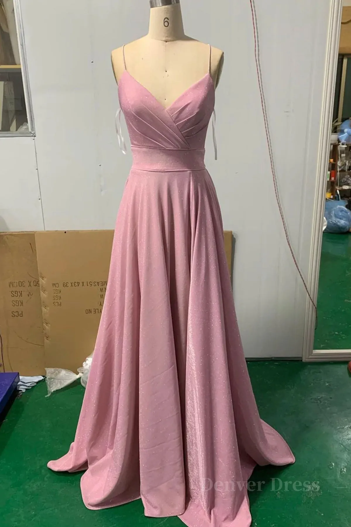 kamahe Shiny V Neck Pink Long Prom Dresses, Pink V Neck Long Formal Evening Dresses