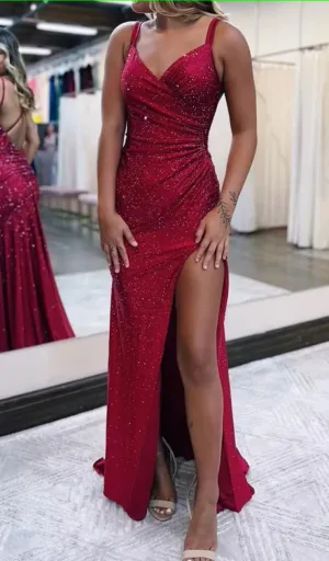 kamahe Sparkly Dark Red One Shoulder Sheath Long Prom Dress with Slit Formal Evening Dresses