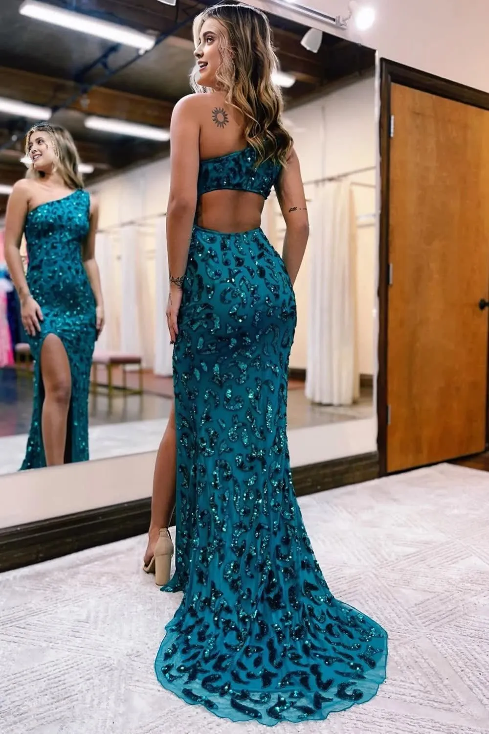 kamahe Sparkly Peacock Blue Sequins Mermaid One Shoulder Long Prom Dress with Slit Formal Evening Dresses