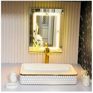 Kamal ENTERPRISEZ Vanity Mirror with Ceramic Wash Basin, White and Gold | Luxury wash Basin | Premium Wash Basin