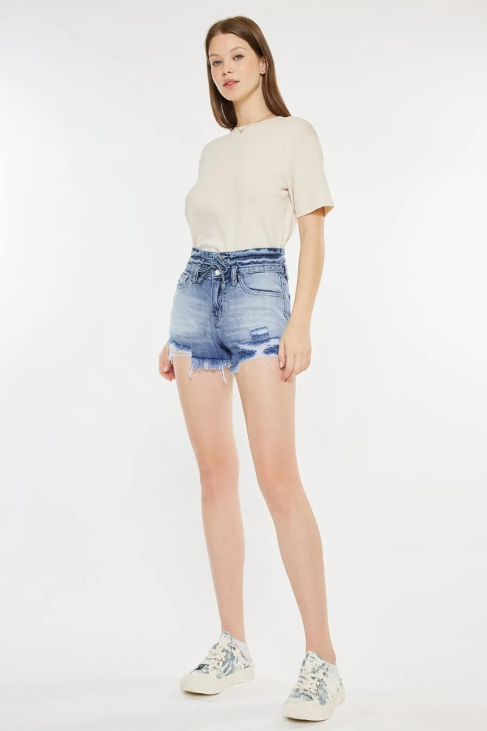 Kancan High Rise Frayed Hem Denim Shorts