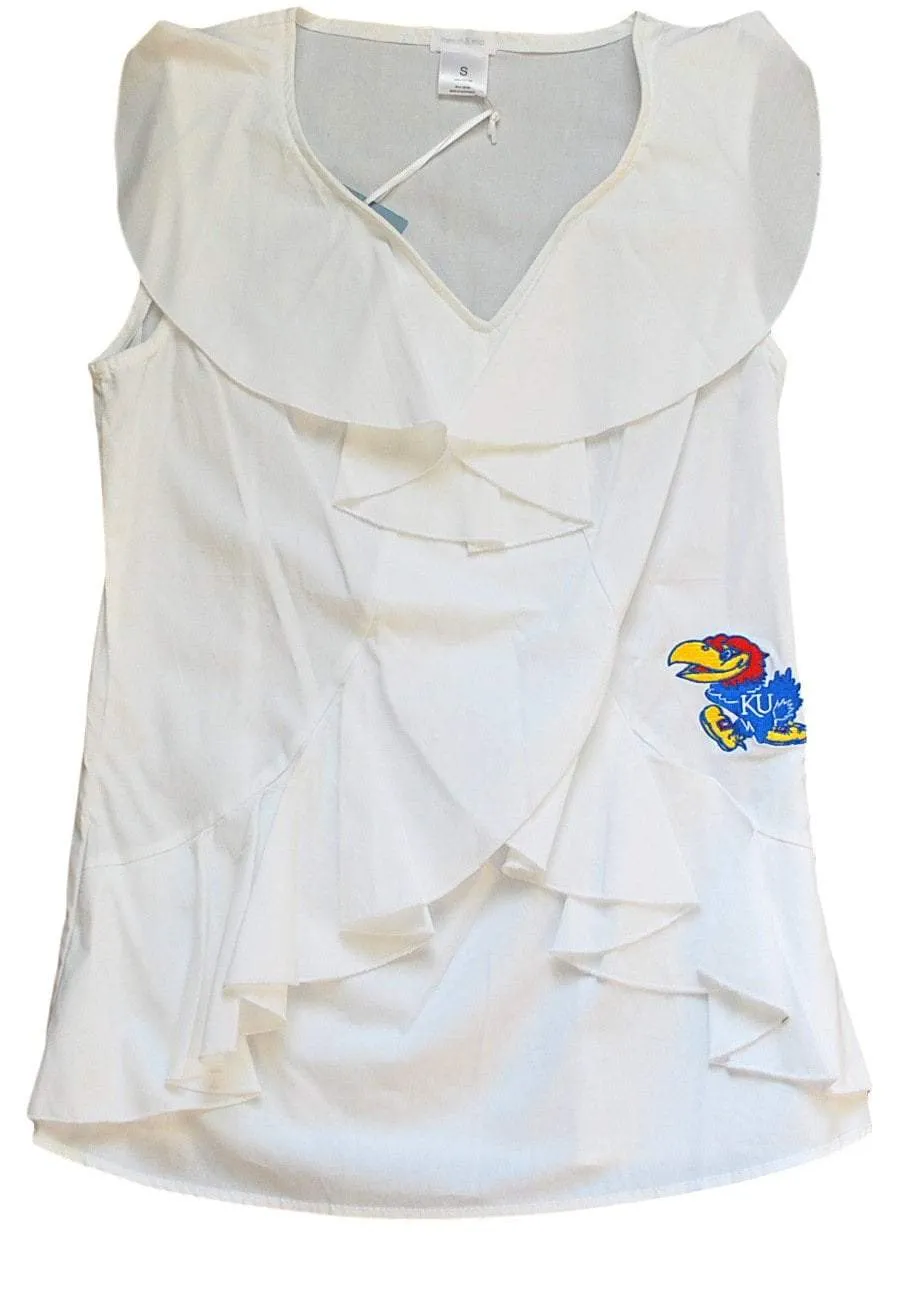 Kansas Jayhawks Meesh & Mia Women White V-Neck Ruffled Sleeveless Shirt