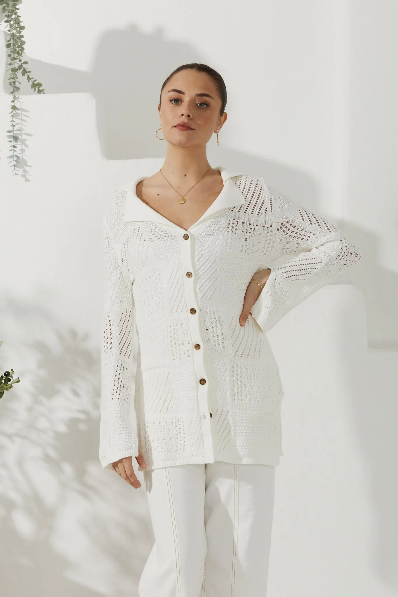 Kaori White Crochet Knit Cardigan