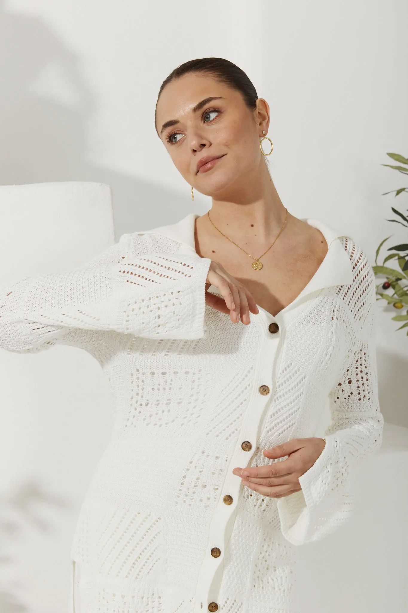 Kaori White Crochet Knit Cardigan