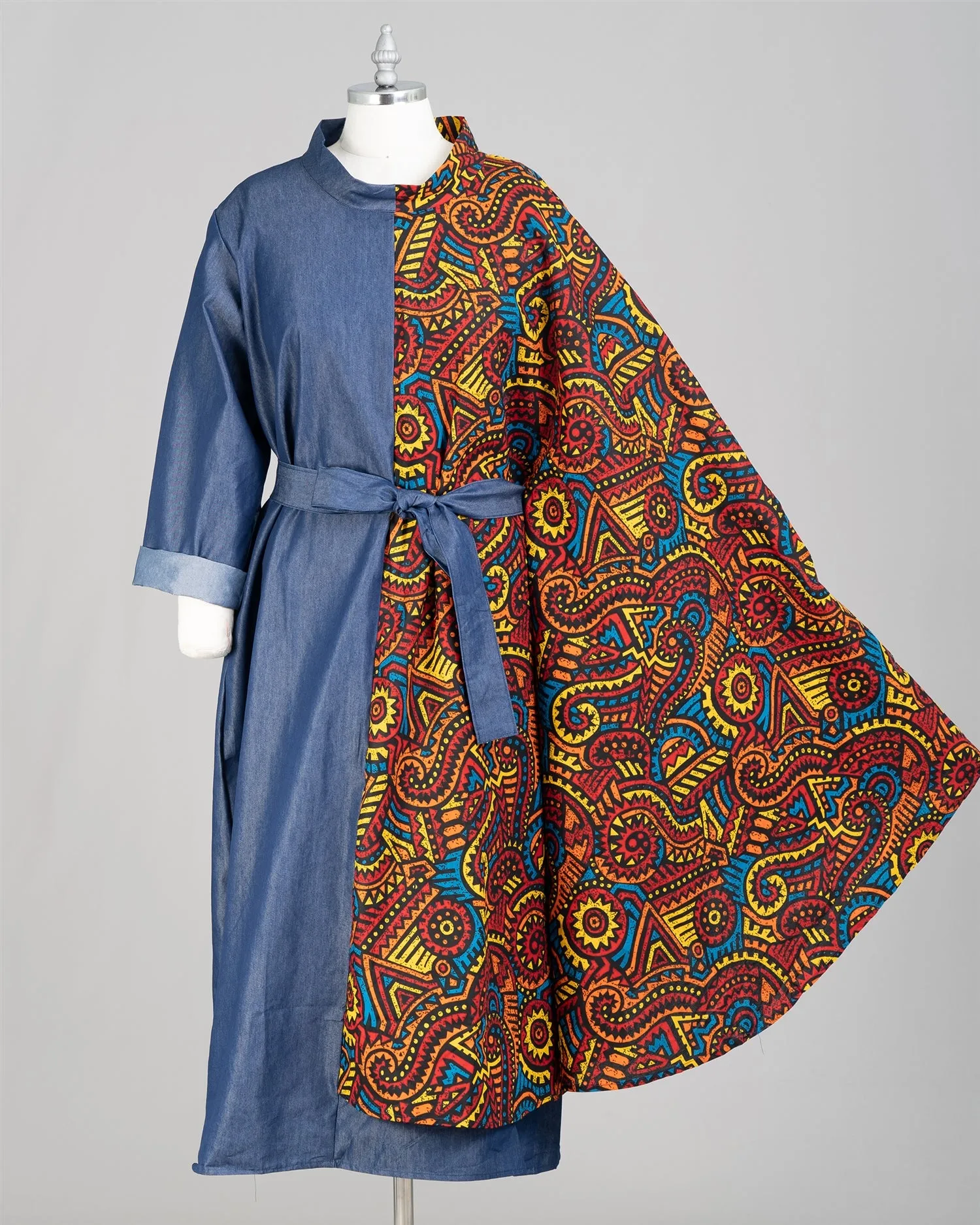 KaraChic 7647D Authentic African Print Capelet and Denim Belted Dress