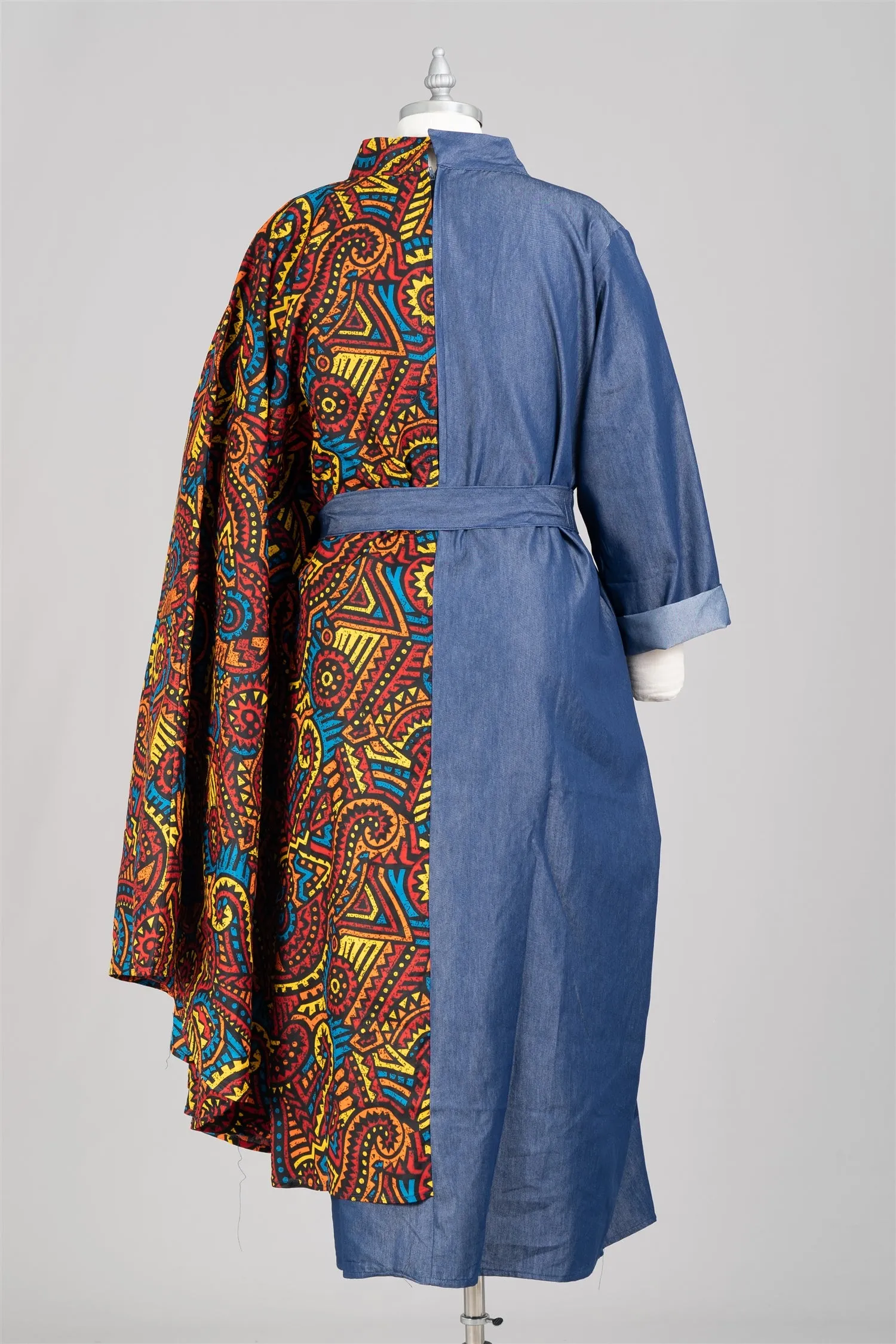 KaraChic 7647D Authentic African Print Capelet and Denim Belted Dress