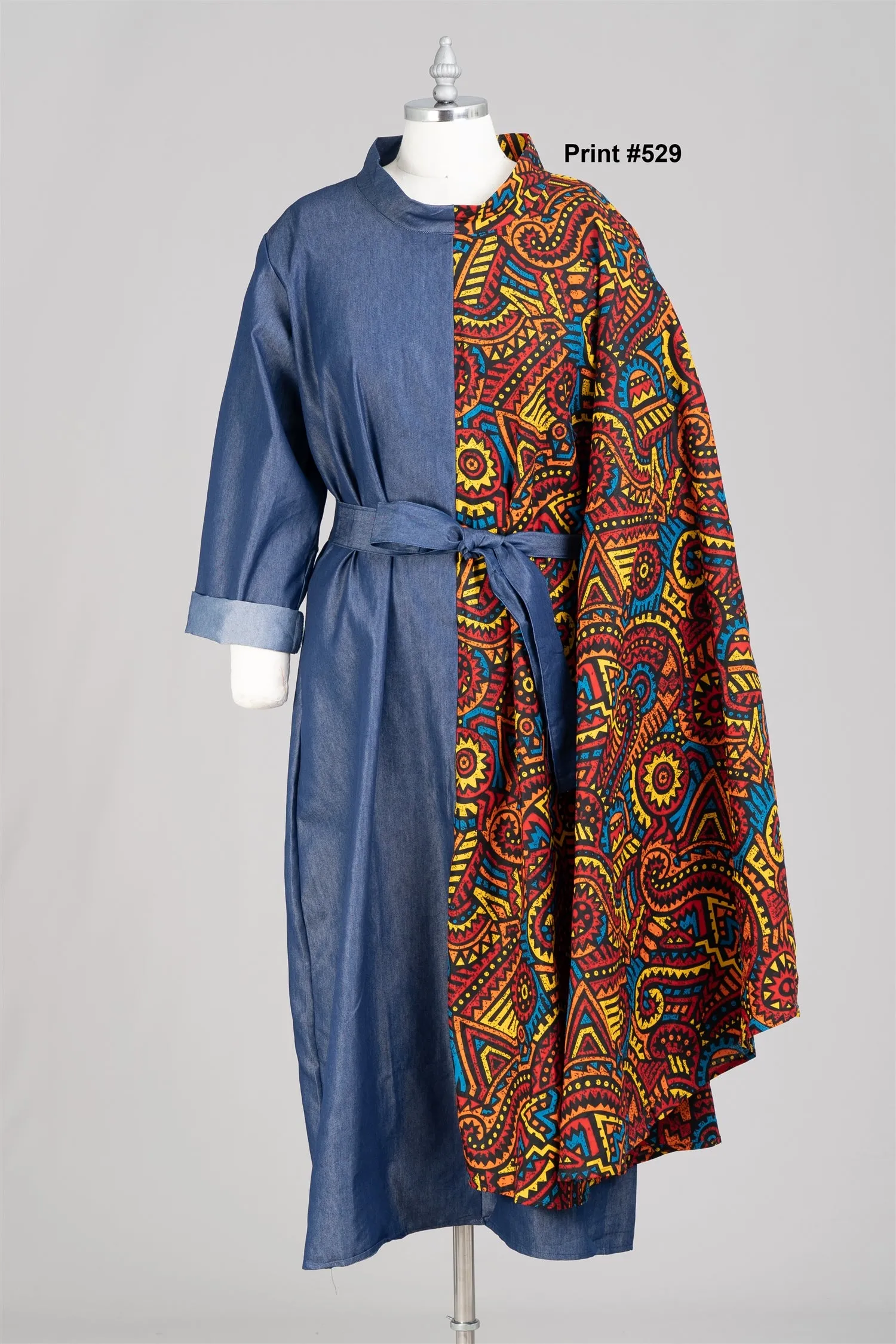 KaraChic 7647D Authentic African Print Capelet and Denim Belted Dress