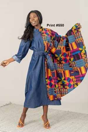 KaraChic 7647D Authentic African Print Capelet and Denim Belted Dress