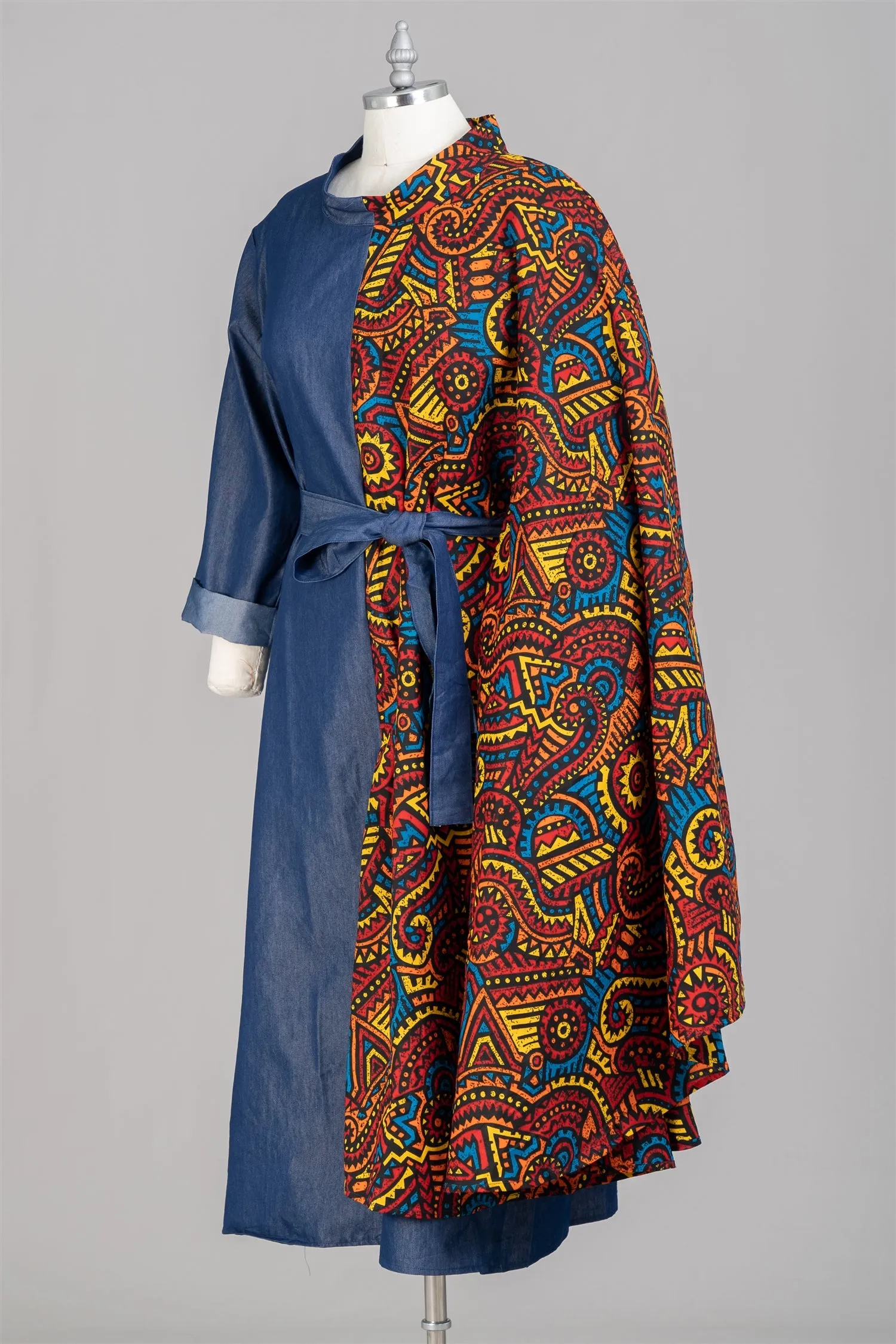 KaraChic 7647D Authentic African Print Capelet and Denim Belted Dress