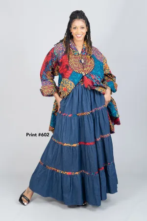 KaraChic 7780D Authentic African Print Trim Tiered Denim Maxi Skirt