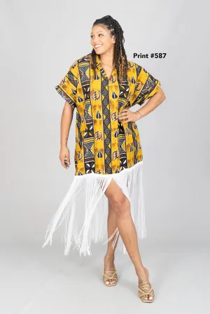 KaraChic 7790 Authentic African Print Fringe Trim Top