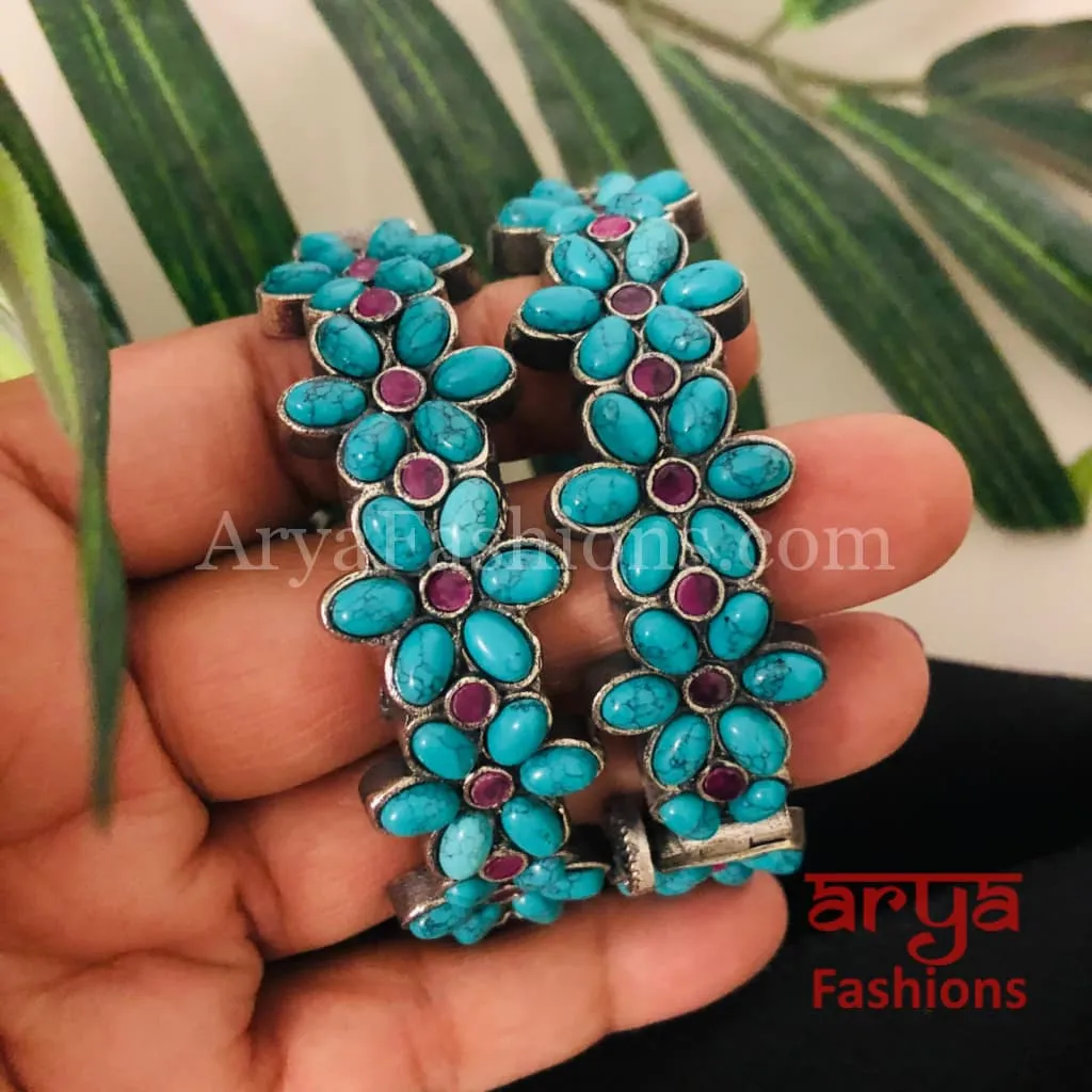 Karishma Oxidized Silver Bracelet Kada with colored stones