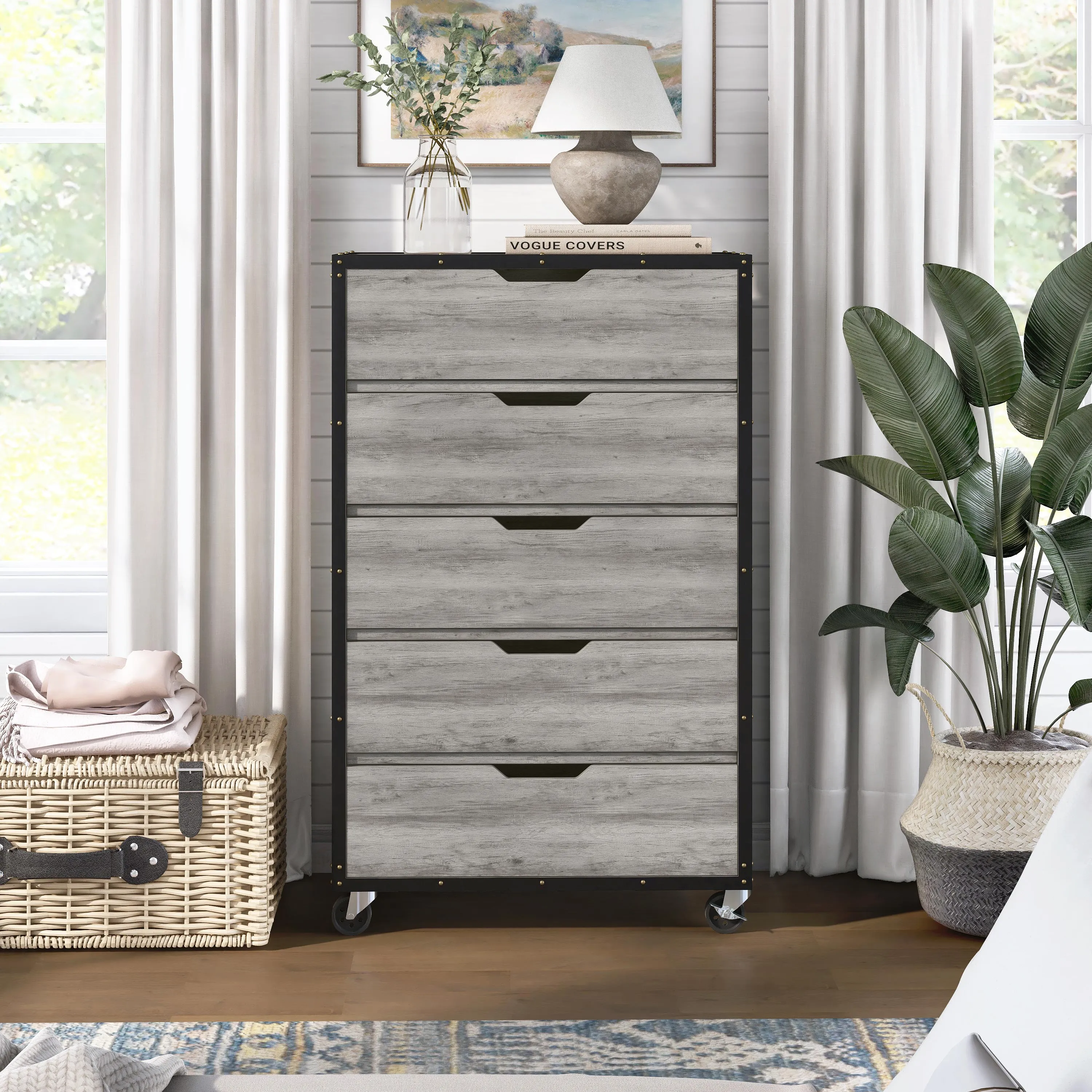 Karthy Industrial Vintage Gray Oak 5-drawer Mobile Tall Dresser