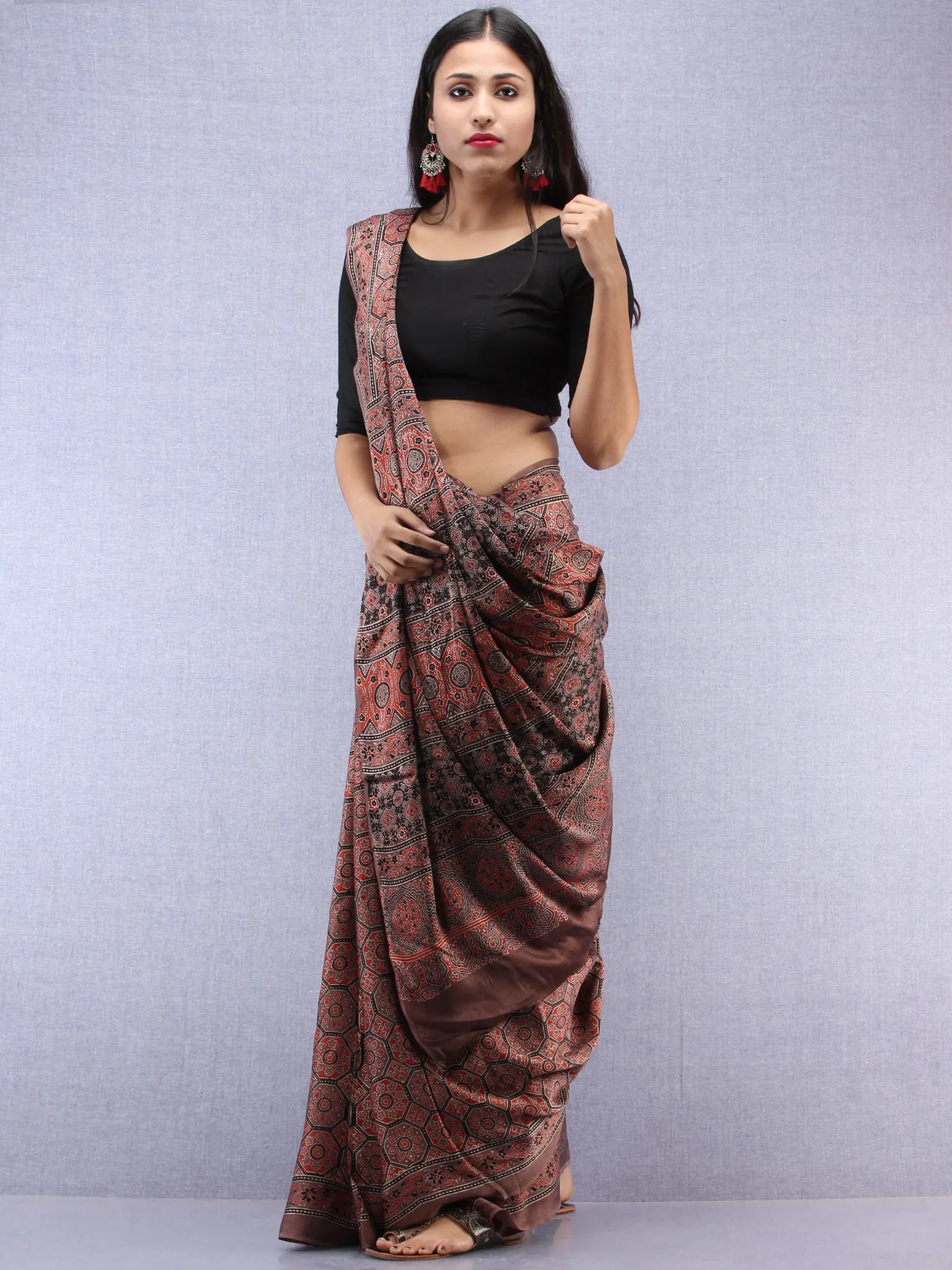 Kashish Beige Black Ajrakh Hand Block Printed Modal Silk Saree - S031704448