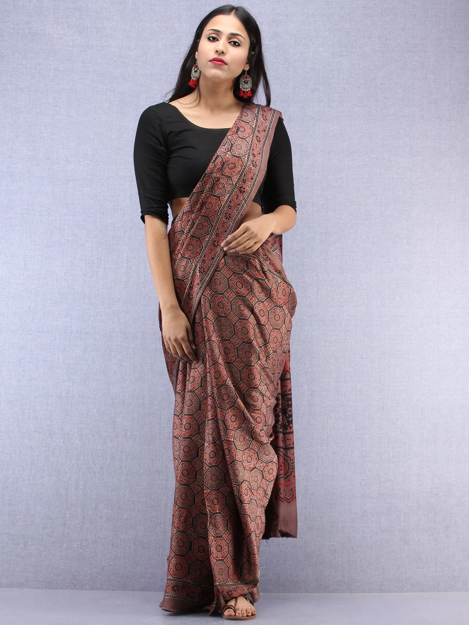 Kashish Beige Black Ajrakh Hand Block Printed Modal Silk Saree - S031704448