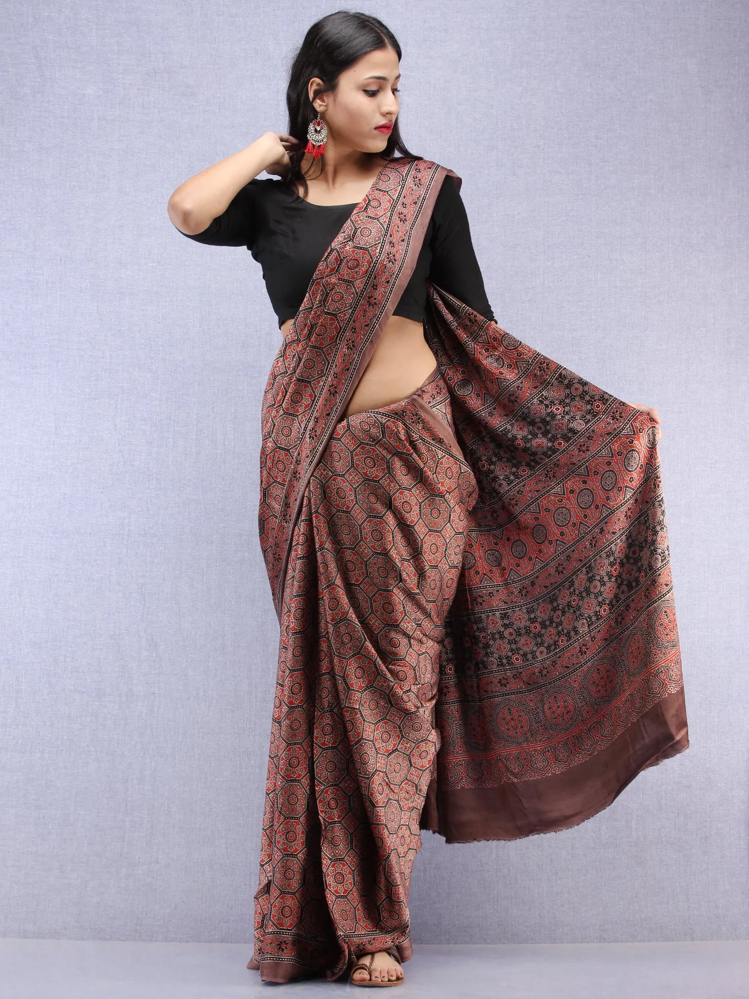 Kashish Beige Black Ajrakh Hand Block Printed Modal Silk Saree - S031704448