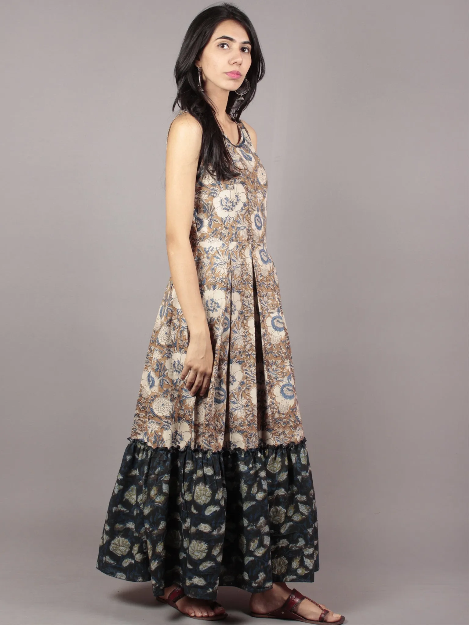 Kashish Ivory Indigo Brown Hand Block Mughal Printed Sleeveless Tier Cotton Dress With Box Pleats & Side Pockets - D67F551