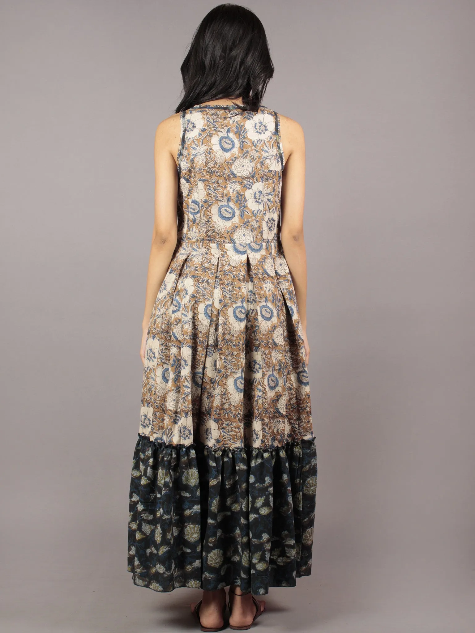 Kashish Ivory Indigo Brown Hand Block Mughal Printed Sleeveless Tier Cotton Dress With Box Pleats & Side Pockets - D67F551