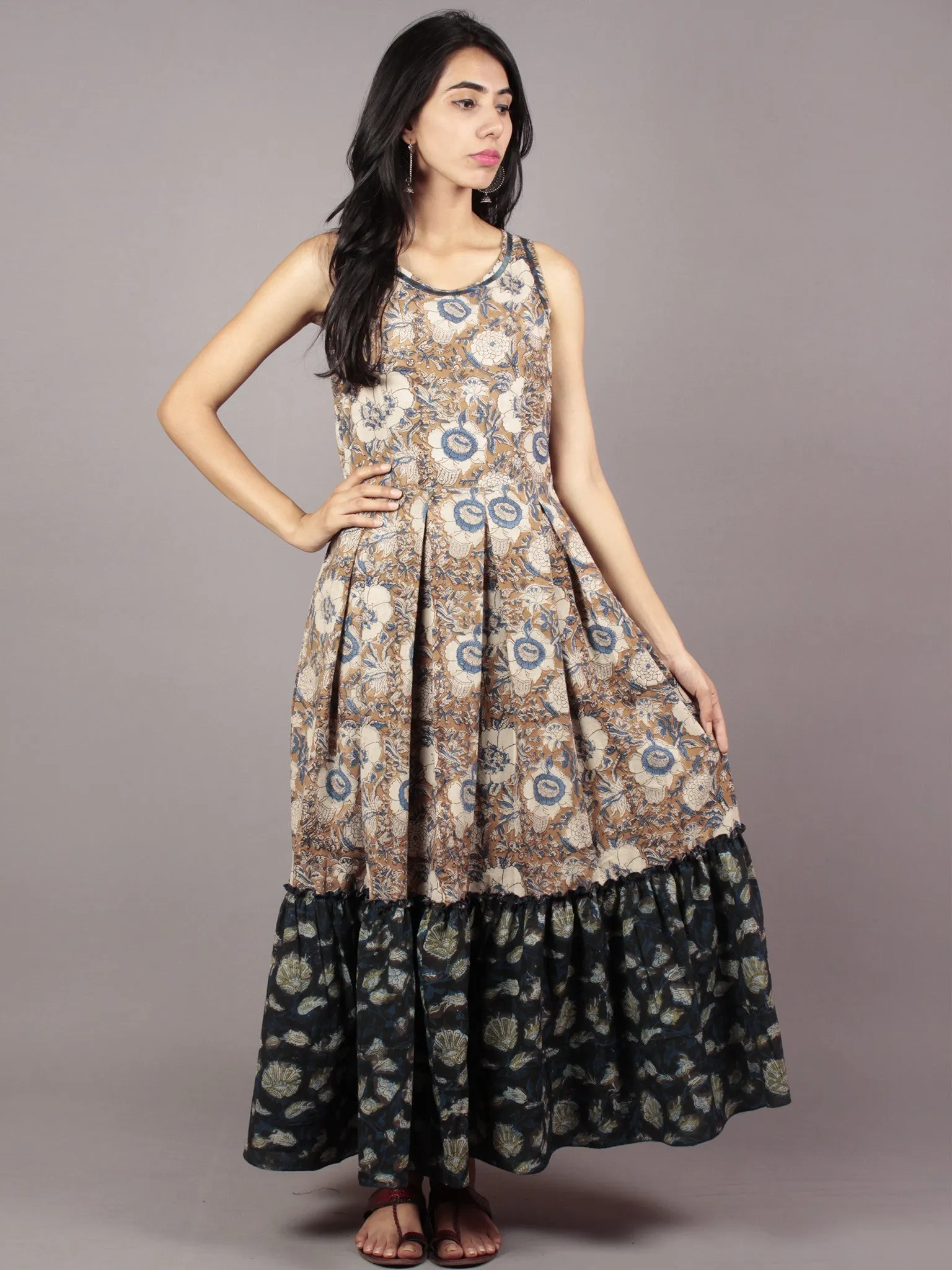 Kashish Ivory Indigo Brown Hand Block Mughal Printed Sleeveless Tier Cotton Dress With Box Pleats & Side Pockets - D67F551