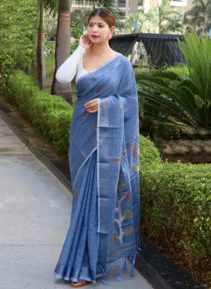 Kashmir Blue Saree in Pure Linen Copper Woven