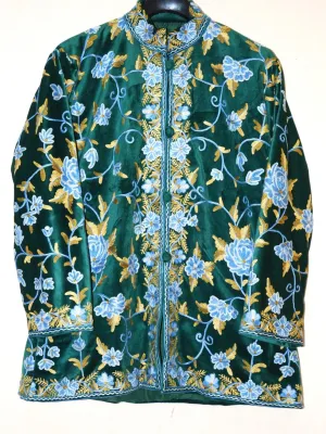 Kashmiri Velvet Jacket Green, Blue Green Embroidery #AO-712