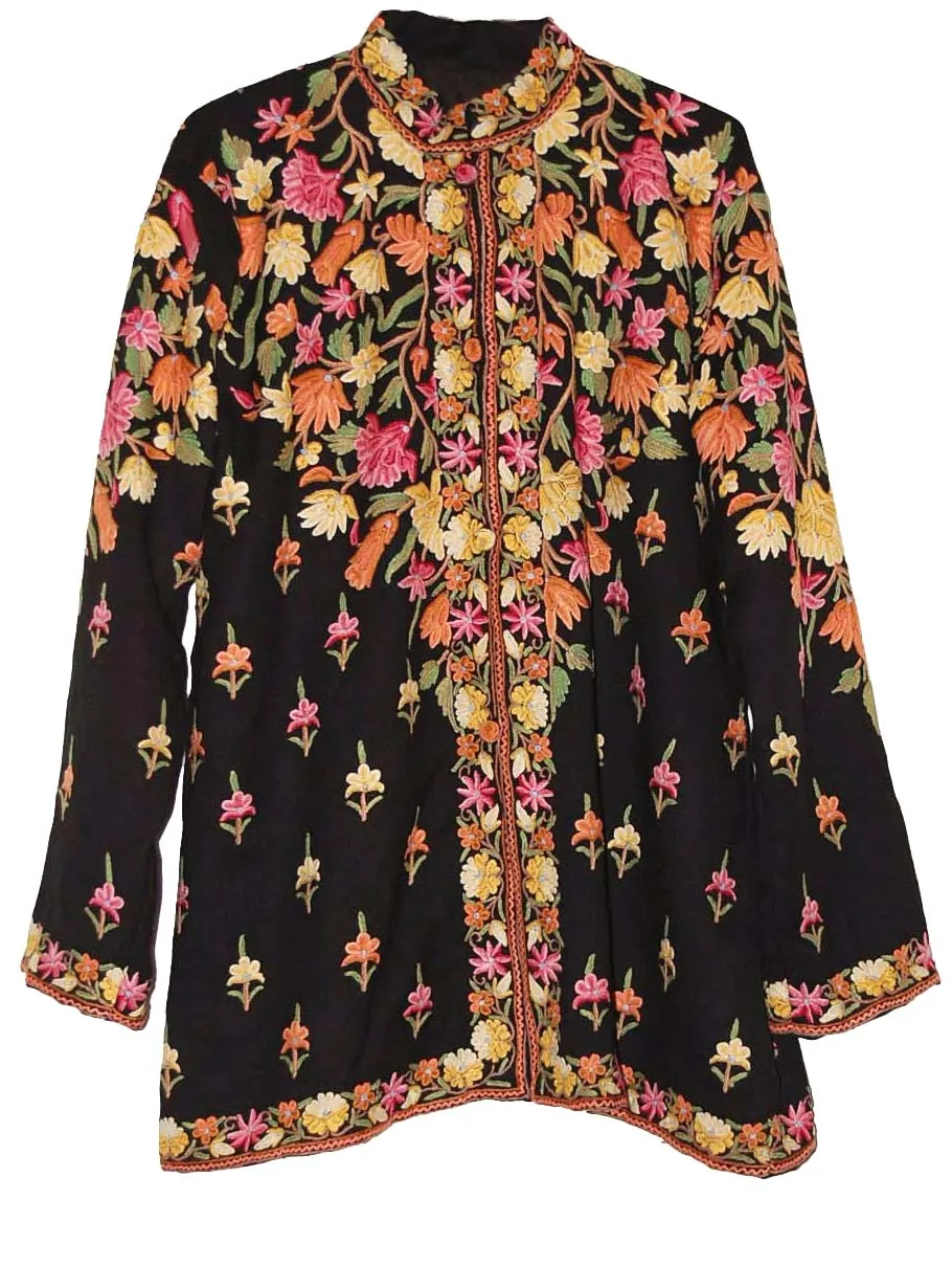 Kashmiri Woolen Jacket Black, Multicolor Embroidery #AO-004