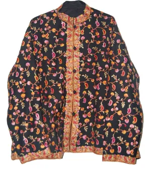 Kashmiri Woolen Jacket Black, Multicolor Embroidery #AO-0092