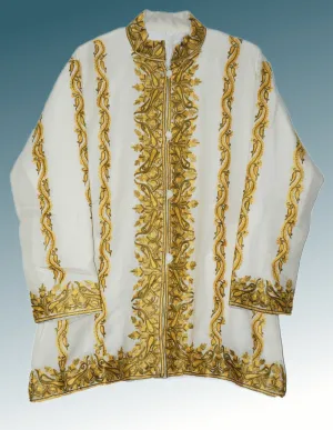 Kashmiri Woolen Jacket Off-White, Yellow and Olive Embroidery #AO-0061