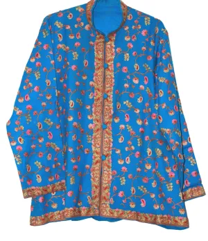 Kashmiri Woolen Jacket Sky Blue, Multicolor Embroidery #AO-0091