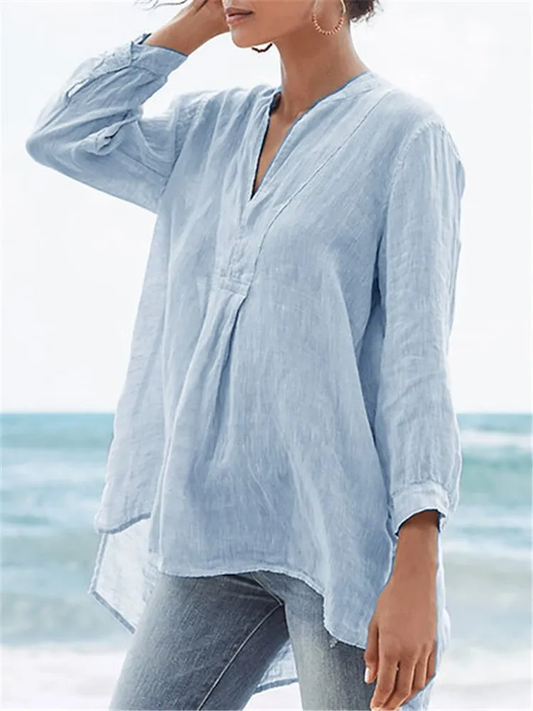 Kathy - Cotton and linen elegant V neck shirt